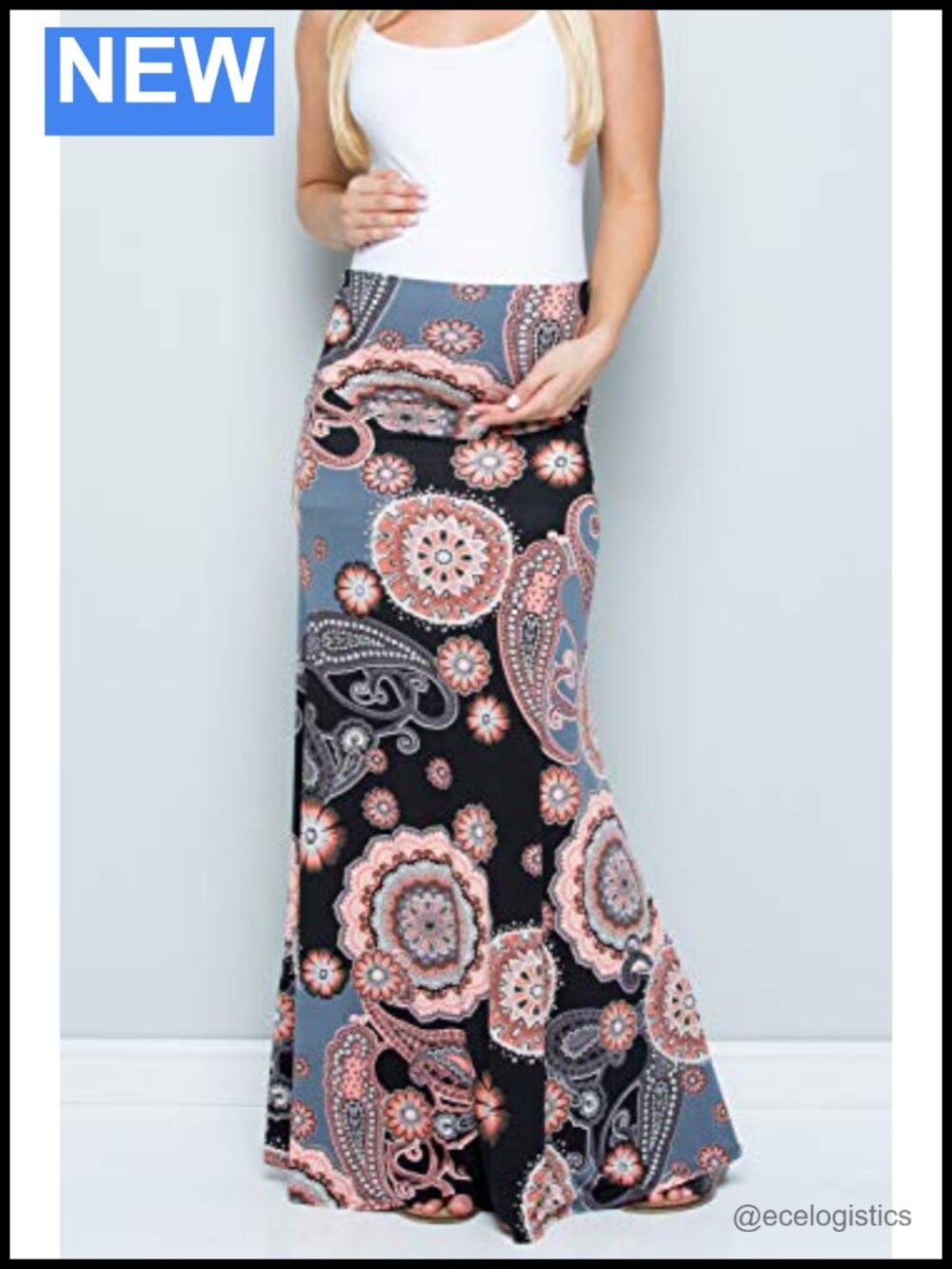 High Waisted Maternity Maxi Skirt with Tummy Control, Polyester Blend, Pull On - Picture 2 of 6